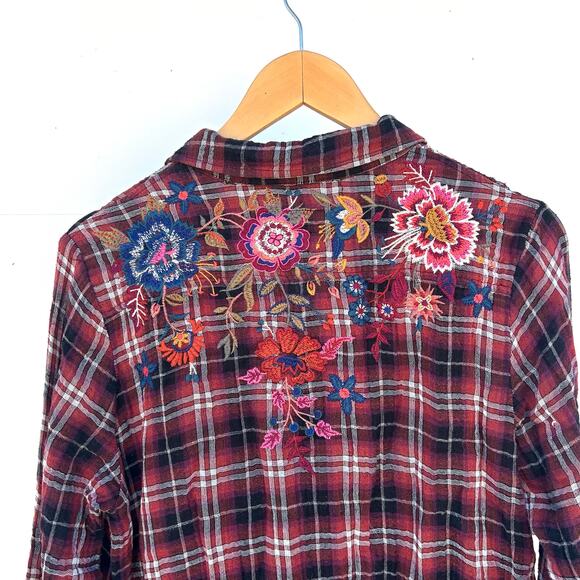 Johnny Was Workshop Plaid Long Sleeve Flower Embroidered Tunic Dress Medium Red - Picture 9 of 9
